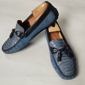 10 Moreschi Python Denim Italian Made Blue Textured Tassel Loafers Driving Mocs